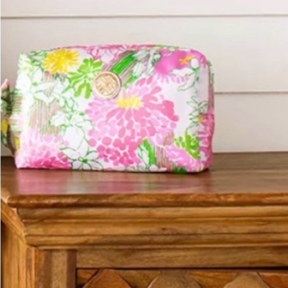 Lilly Pulitzer Pink Cosmetic Pouch with Gold Logo Accent